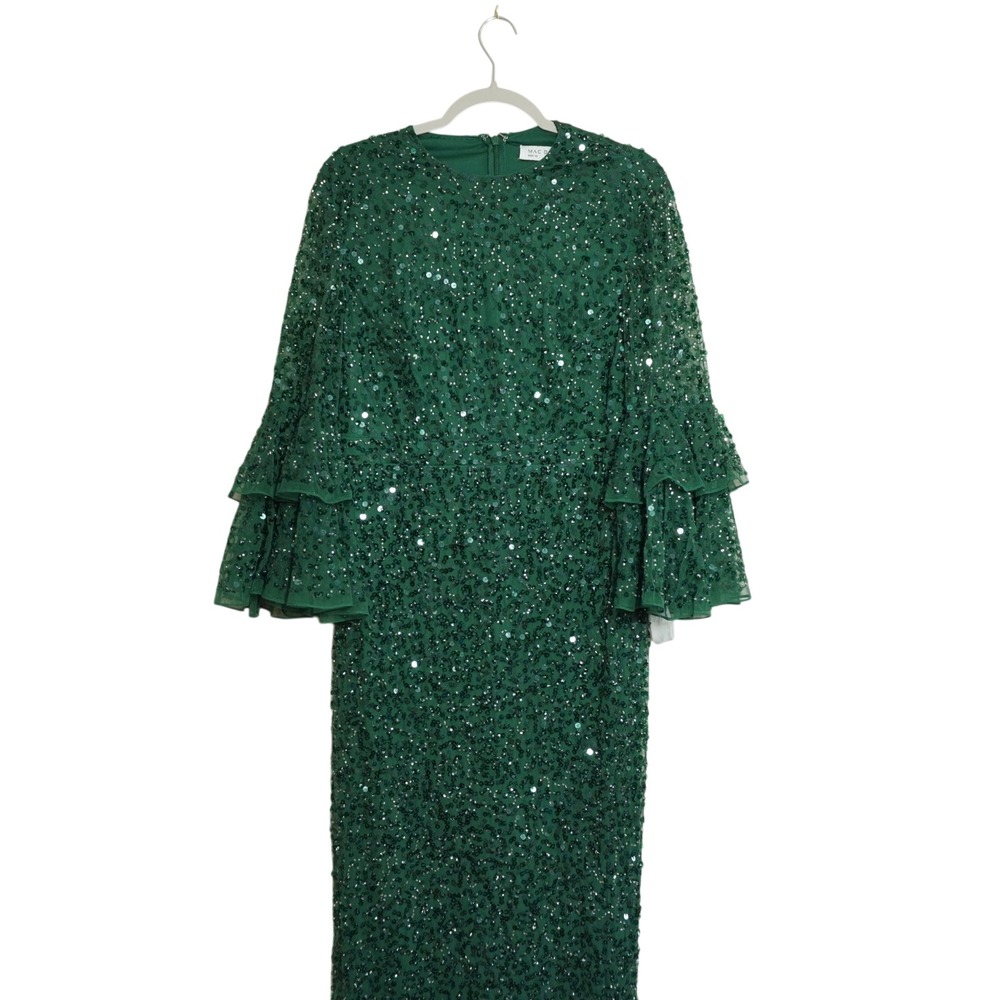 Mac Duggal Emerald Green Sequin Tiered Ruffle Bell Sleeve Midi Dress Size 10 NEW - Picture 3 of 11